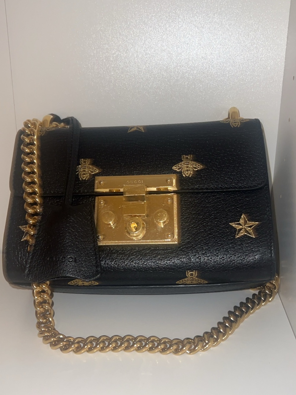 Black Leather Shoulder Bag with Gold Hardware